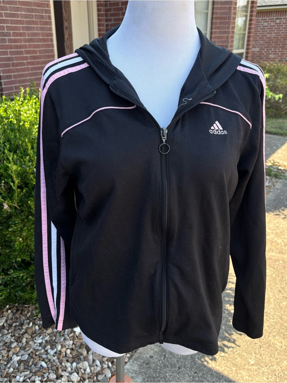 adidas Black Hooded Bomber Jacket with Pink & White Stripes